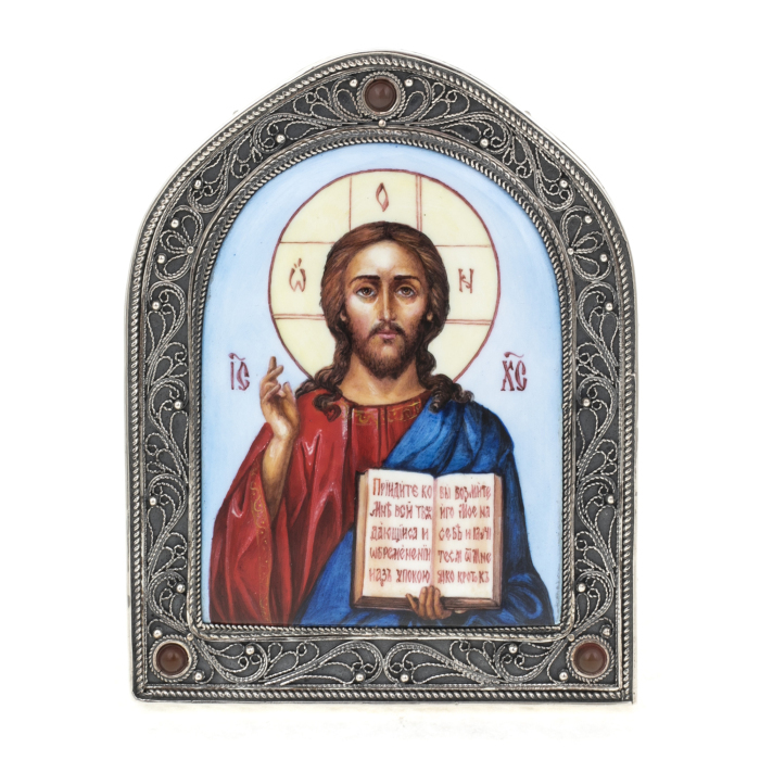 Набор подарочный с шарами и иконой "Иисус Спаситель " из серебра, 2 шара