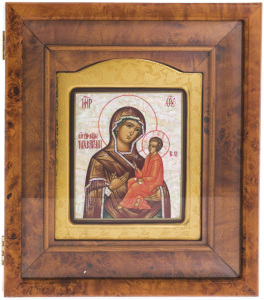 Икона на натуральном перламутре "Тихвинская" в золотой раме и киоте