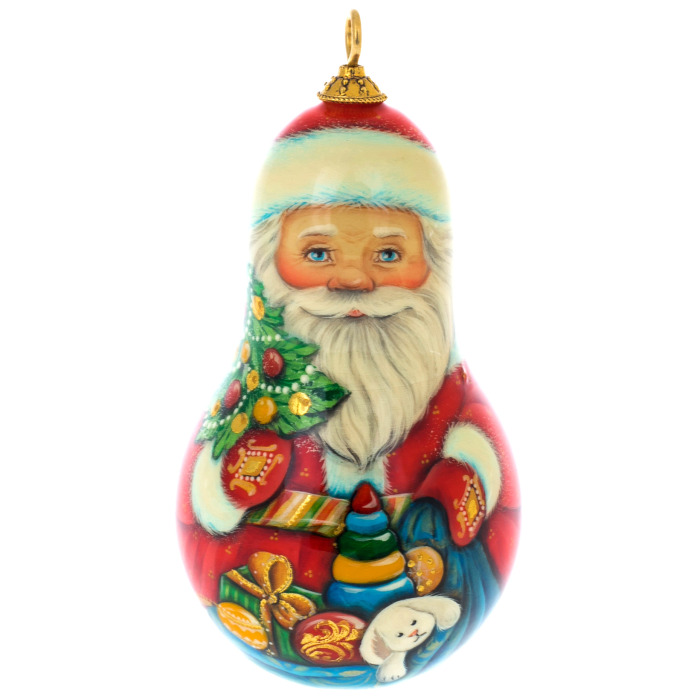 Деревянная елочная игрушка ручной работы "Дед Мороз с подарками"