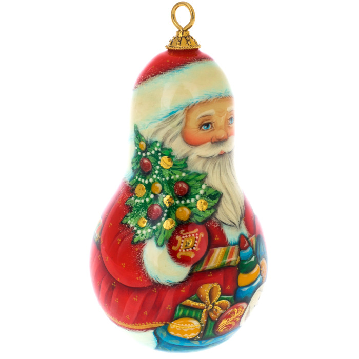 Деревянная елочная игрушка ручной работы "Дед Мороз с подарками"