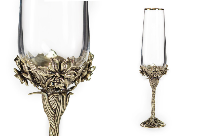Набор бокалов для шампанского "Нарцисс" на 2 персоны, в кожаном футляре