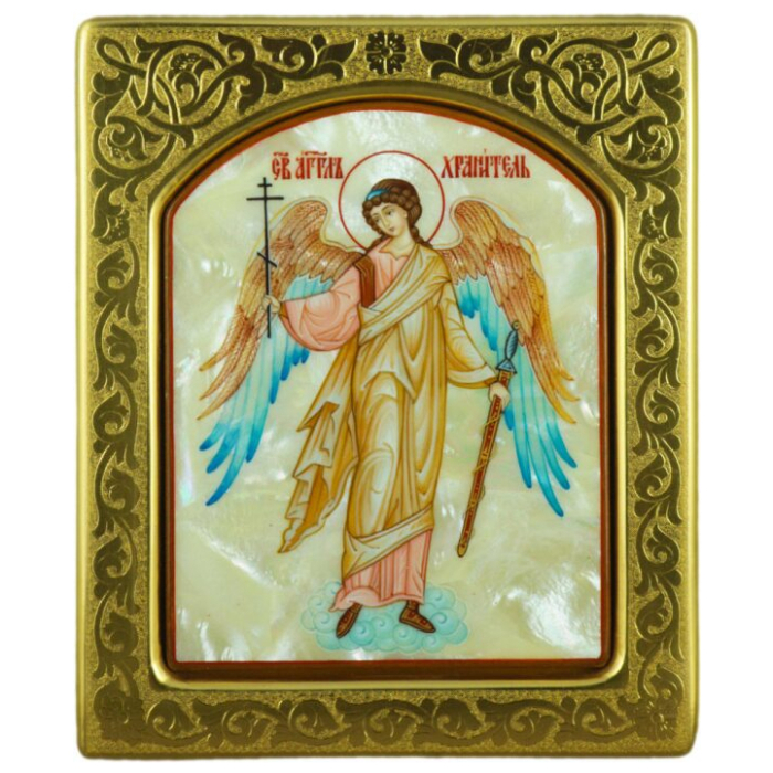Икона с перламутром "Ангел Хранитель" в золотой раме с чеканкой