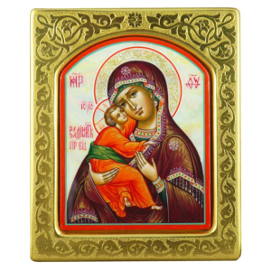 Икона с перламутром "Владимирская Богоматерь" в золотой раме с чеканкой