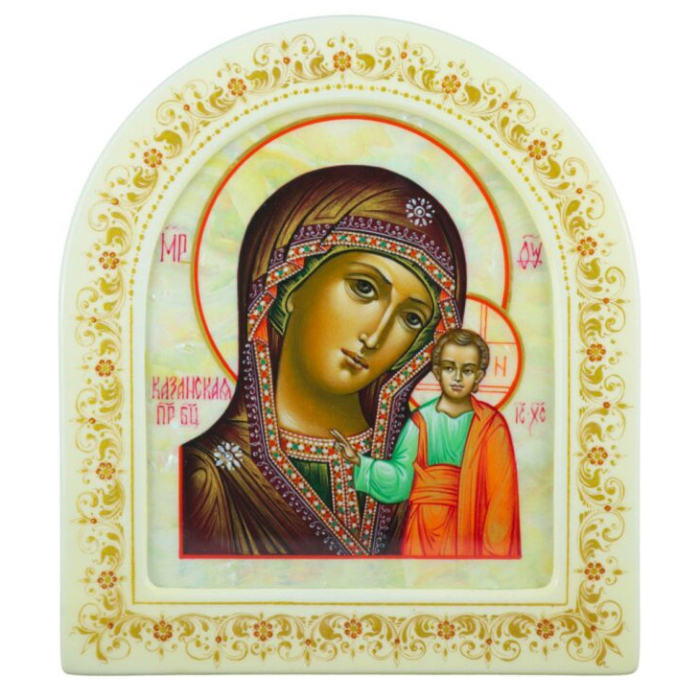 Mother of Pearl icon "Our Lady of Kazan" in a white frame (arch)