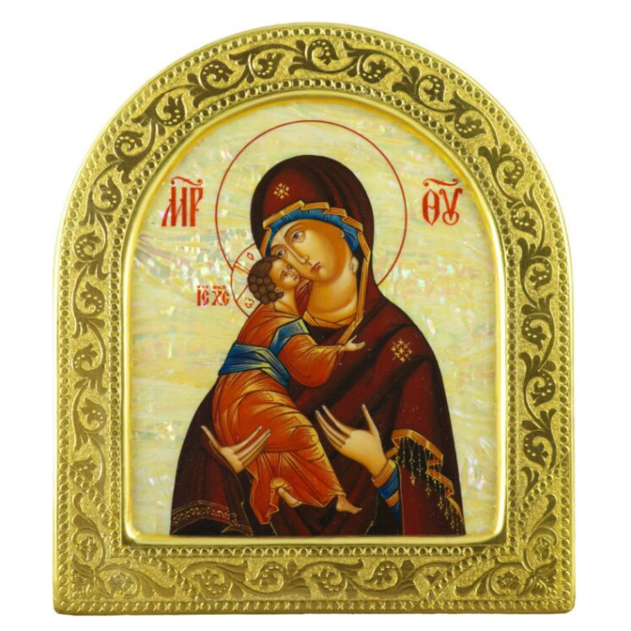 Икона с перламутром "Владимирская Богоматерь" в золотой раме (арка)