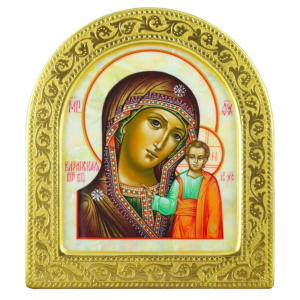 Mother of Pearl icon "Our Lady of Kazan" in a golden frame (arch)