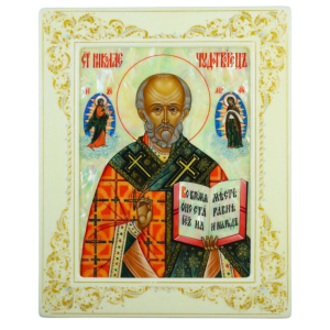 The icon on mother-of-pearl "Nicholas the Wonderworker" in a white frame