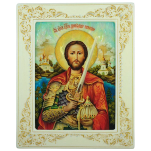 Икона "Икона святой благоверный князь Александр Невский" с перламутром в белой раме