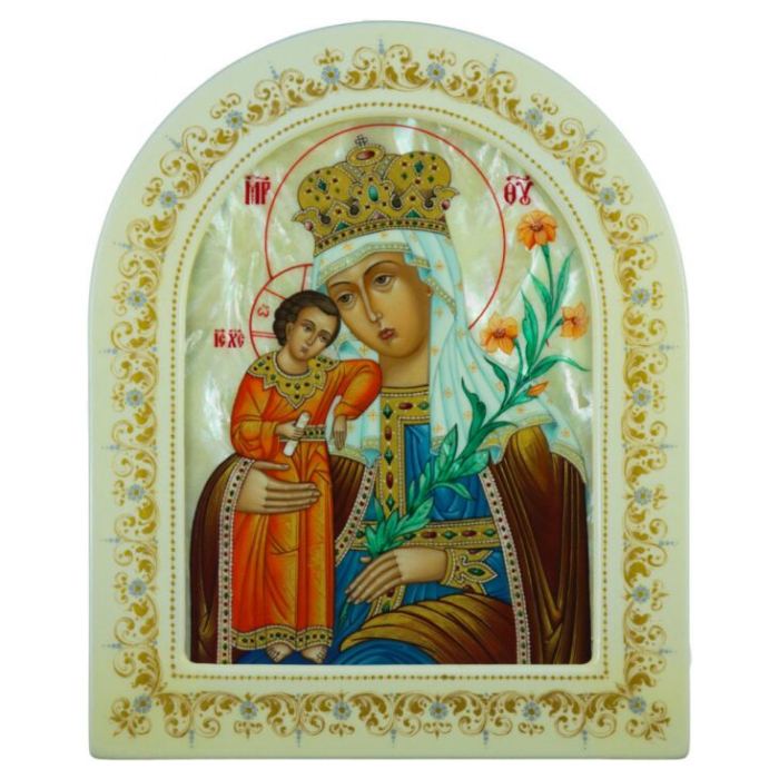 Икона "Богоматерь Неувядаемый цвет" с перламутром в белой раме (арка)
