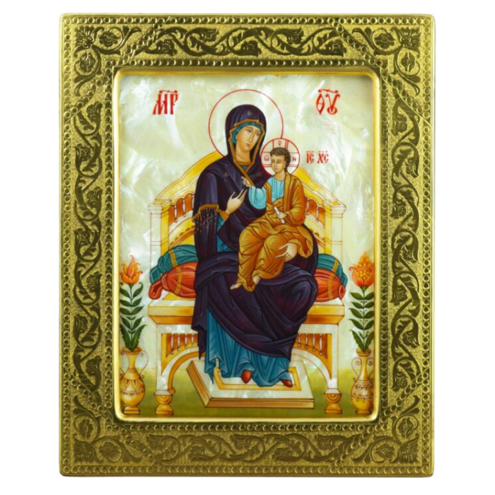 Икона "Богоматерь на престоле" на натуральном перламутре в золотой раме