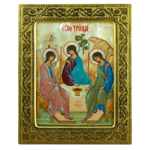 Икона "Святая Троица" на натуральном перламутре в золотой раме