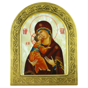 Икона "Владимирская Богоматерь" на натуральном перламутре в золотой раме (арка)