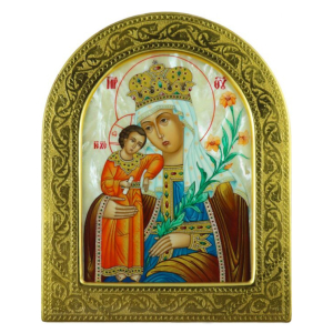 Икона "Богоматерь Неувядаемый цвет" на натуральном перламутре в золотой раме (арка)