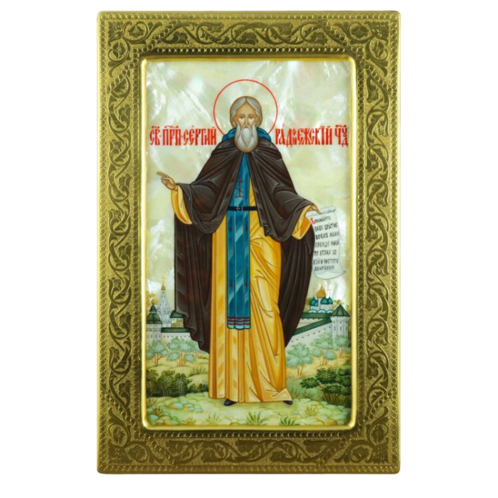 Икона "Сергий Радонежский" в золотой раме на натуральном перламутре