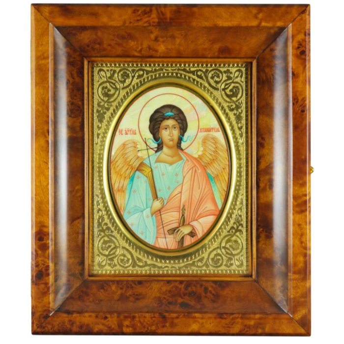Икона на натуральном перламутре "Ангел Хранитель" в золотой раме и киоте