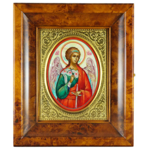 Икона на натуральном перламутре "Ангел Хранитель" в золотой раме и киоте