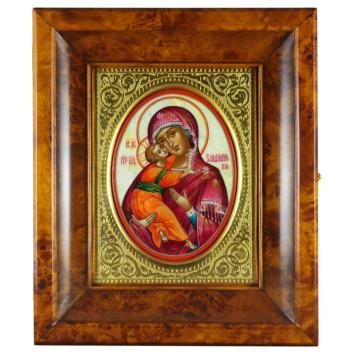 Икона на натуральном перламутре "Владимирская Богоматерь" в золотой раме и киоте