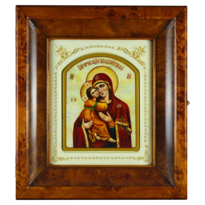 Икона в белой раме и киоте "Владимирская Богоматерь" на натуральном перламутре