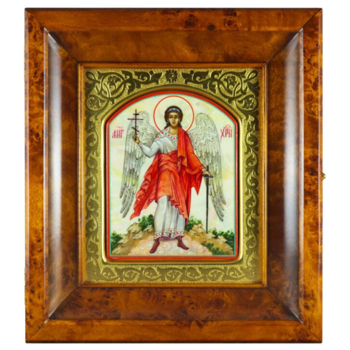 Икона в золотой раме и киоте "Ангел Хранитель" на натуральном перламутре