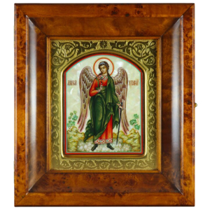 Икона в золотой раме и киоте "Ангел Хранитель" на натуральном перламутре