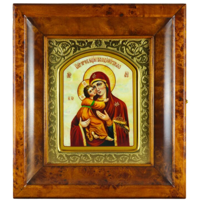 Икона в золотой раме и киоте "Владимирская Богоматерь" на натуральном перламутре