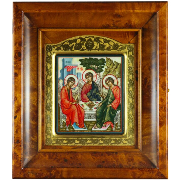 Икона "Святая Троица" в золотой раме и киоте на натуральном перламутре