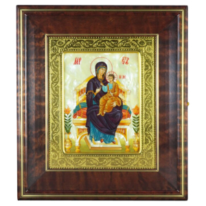 Икона "Богоматерь на престоле" в киоте и золотой раме на натуральном перламутре
