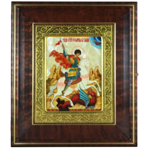 Икона "Георгий Победоносец" в киоте и золотой раме на натуральном перламутре