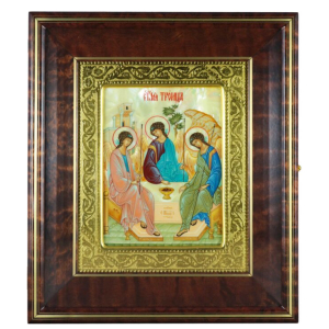Икона "Святая Троица" в киоте и золотой раме на натуральном перламутре