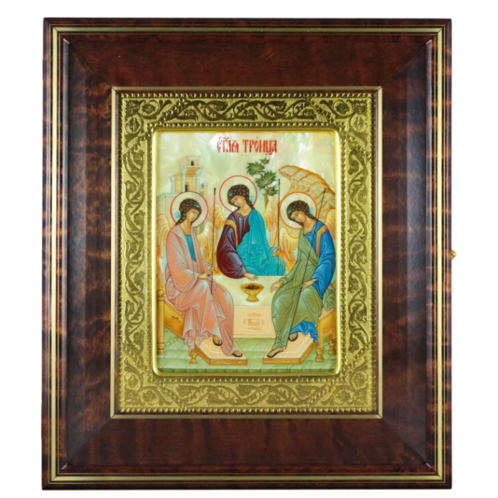 Икона "Святая Троица" в киоте и золотой раме на натуральном перламутре