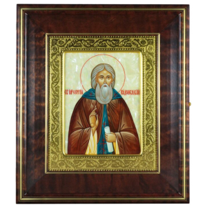 Икона "Сергий Радонежский" в киоте и золотой раме на натуральном перламутре
