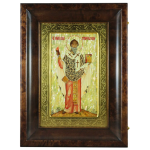 Икона "Спиридон Тримифунтский" на натуральном перламутре в киоте