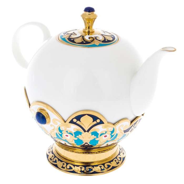 Чайный набор с самоваром "Гжель" с лазуритом и эмалью, на 6 персон, Златоуст