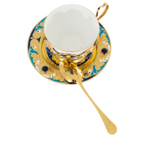 Чайный набор с самоваром "Гжель" с лазуритом и эмалью, на 6 персон, Златоуст