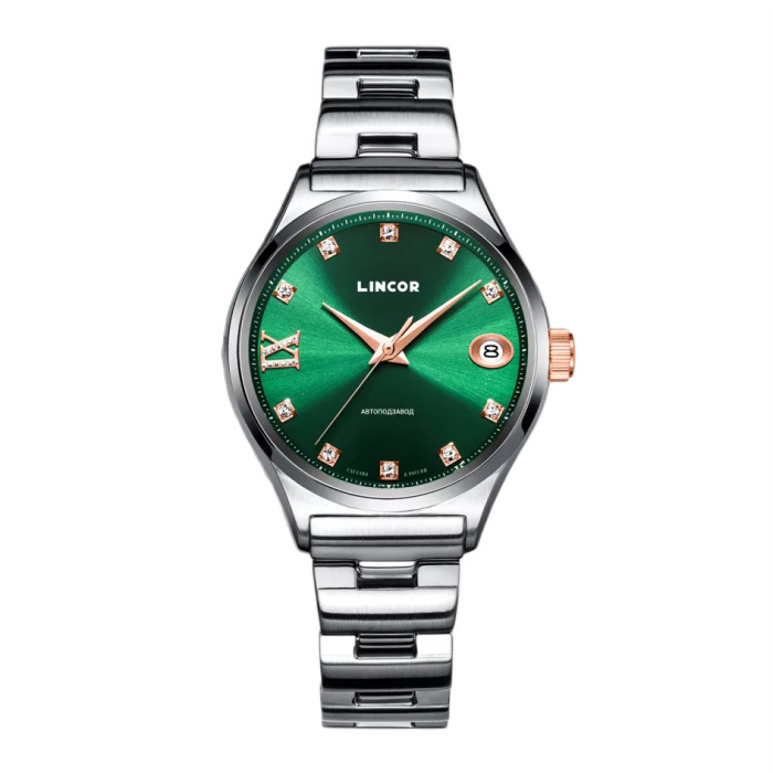 Lincor UNI Automatic Mechanical Wristwatch Green with Silver Strap and Cubic Zirconia