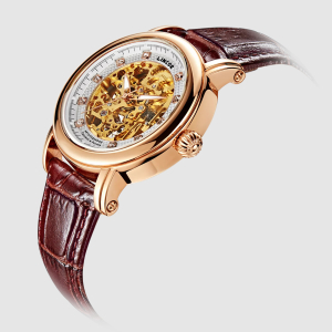 Lincor UNI Self-winding Mechanical Wristwatch in white and gold with a brown strap