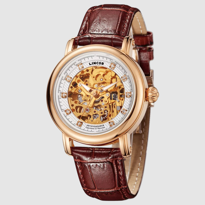 Lincor UNI Self-winding Mechanical Wristwatch in white and gold with a brown strap