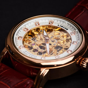 Lincor UNI Self-winding Mechanical Wristwatch in white and gold with a brown strap