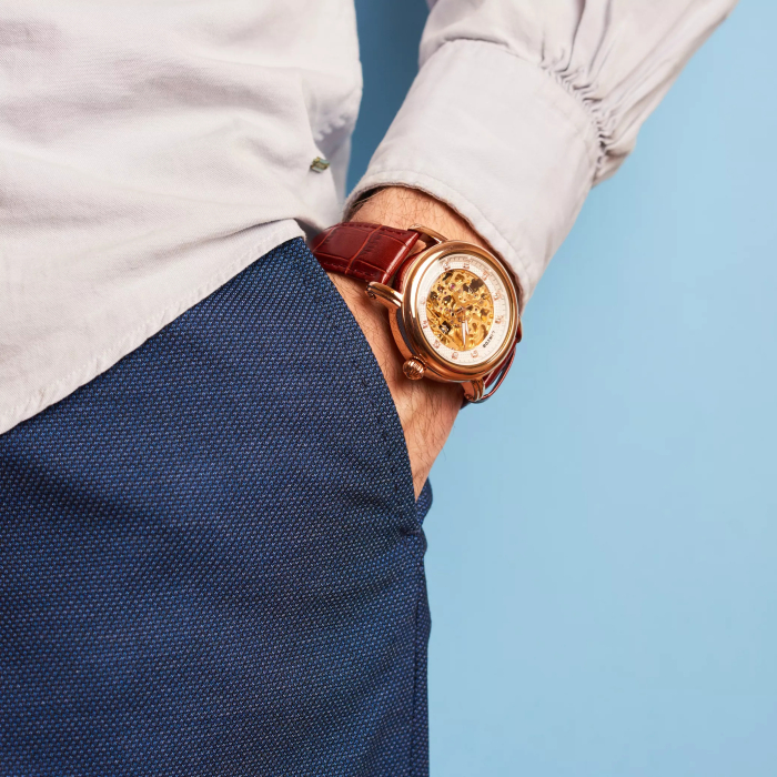 Lincor UNI Self-winding Mechanical Wristwatch in white and gold with a brown strap