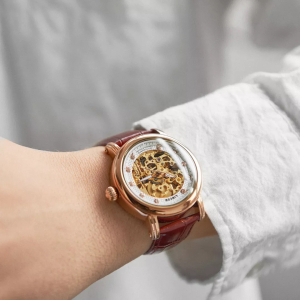 Lincor UNI Self-winding Mechanical Wristwatch in white and gold with a brown strap