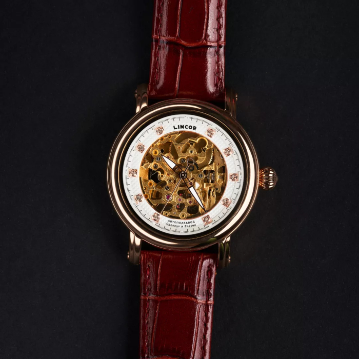 Lincor UNI Self-winding Mechanical Wristwatch in white and gold with a brown strap