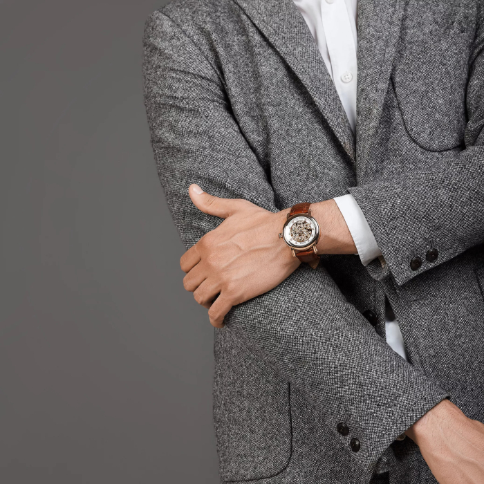 Lincor UNI Self-winding Mechanical Wristwatch in white and gold with a brown strap