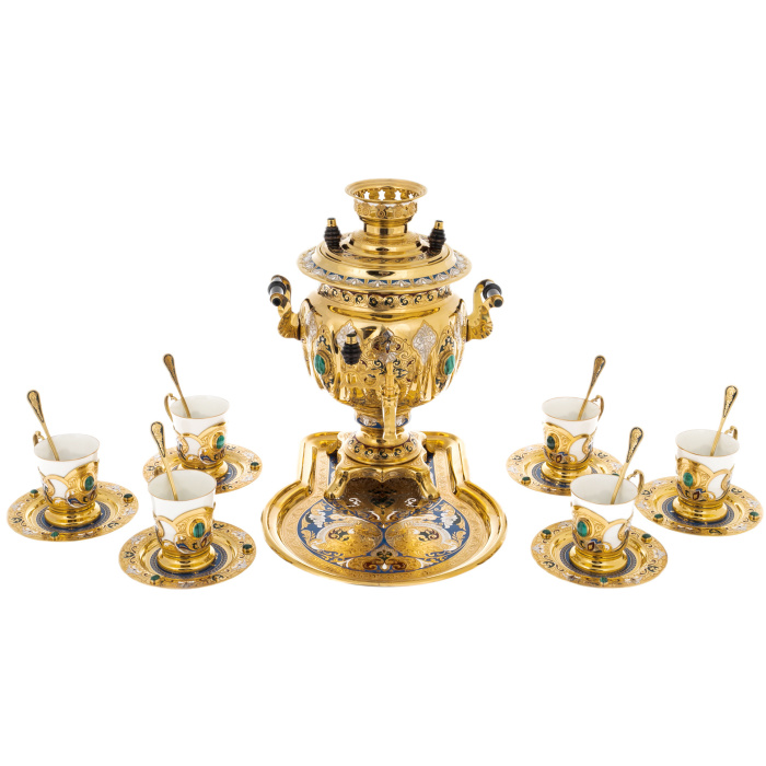 Чайный набор с самоваром "Русское застолье" на 6 персон, с малахитом, Златоуст