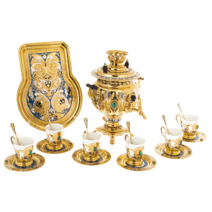 Чайный набор с самоваром "Русское застолье" на 6 персон, с малахитом, Златоуст