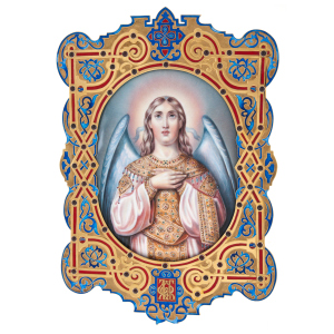 Икона "Ангел-хранитель" в резном окладе (финифть)