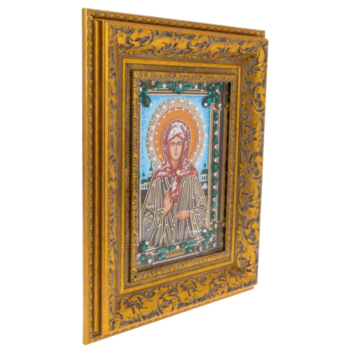 Икона с драгоценными камнями "Матрона Московская" с жемчугом позолоченная