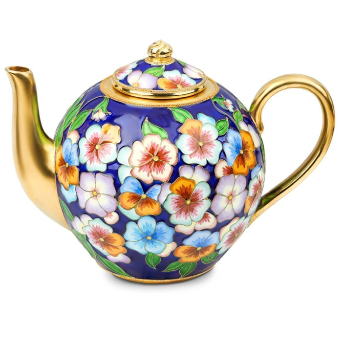 Серебряный чайник "Цветы" с эмалью