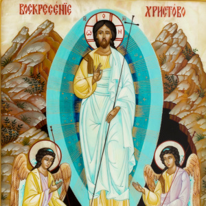 Икона "Воскресение Христово" на натуральном перламутре в золотой раме