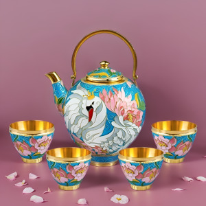 Сервиз чайный серебряный "Царевна-Лебедь" на 4 персоны, 6 предметов