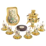 Чайный набор с самоваром "Русское застолье" на 6 персон, с малахитом, 20 предметов, Златоуст